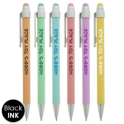 Pastel colored pen with chrome accents and custom logo.