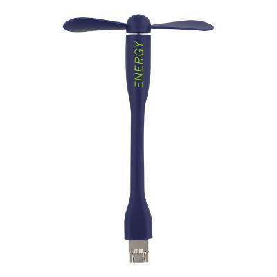 Plastic navy bendable USB fan with custom imprint.