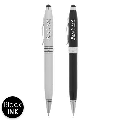 Aluminum pen with silicon stylus and custom engraved logo.