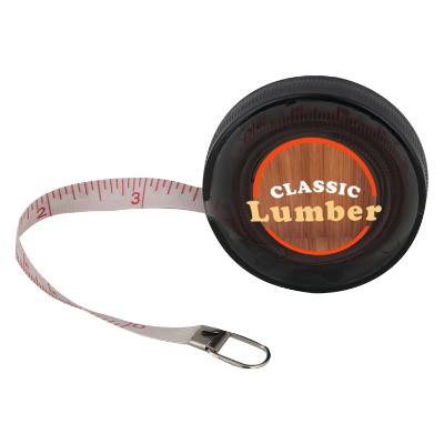 ABS plastic translucent black 5 foot round tape measure with customized full color logo.