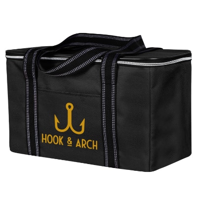 Black polyester with PEVA lining utility cooler bag with custom logo.