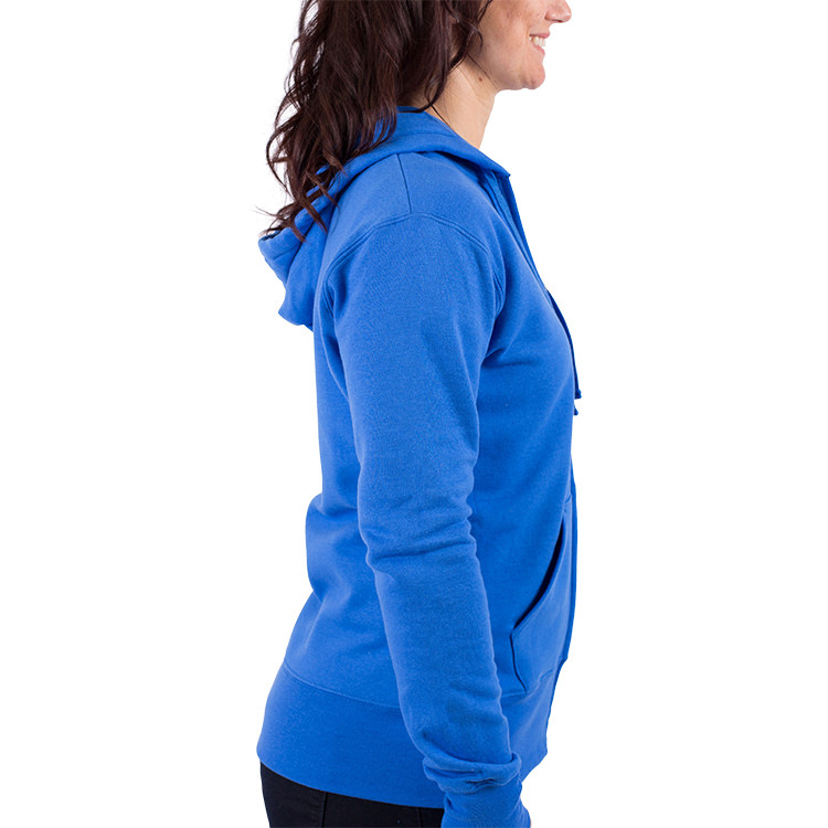 Royal blue customized zip up hooded sweatshirt.