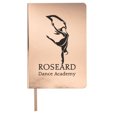 Shiny rose gold metallic notebook with custom dance academy logo.