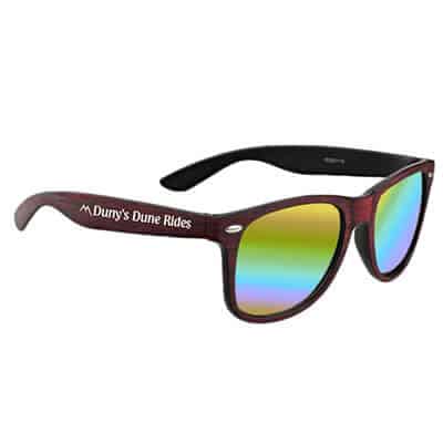 Polycarbonate red woodtone mirrored sunglasses with custom logo.