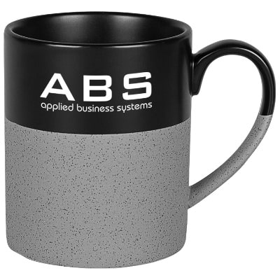Ceramic gray coffee mug with c-handle and custom imprint in 15 ounces.