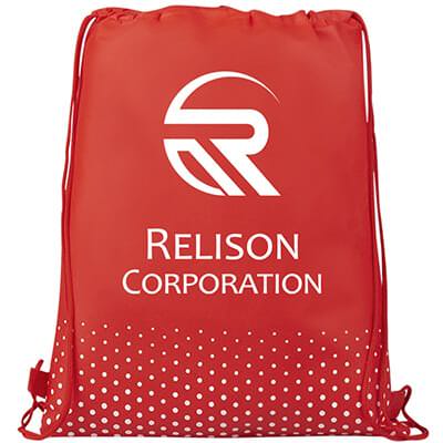 Non-woven polypropylene red and white dotted drawstring with logo.