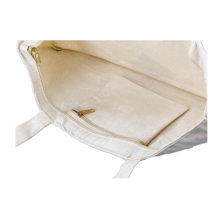 Natural cotton tote bag with 5-inch gussets and reinforced handles.