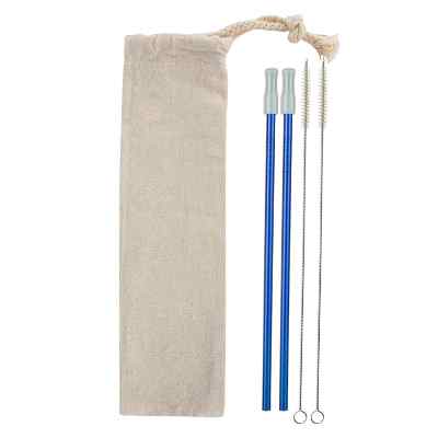 Blank blue metallic stainless steel straw 2 pack.