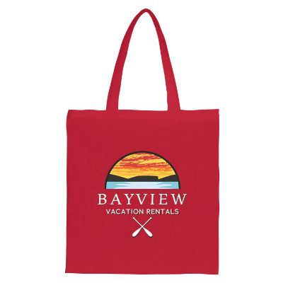 Red cotton tote bag with full-color custom imprint and self-fabric handles.