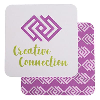 Pulpboard square coaster with a business logo.