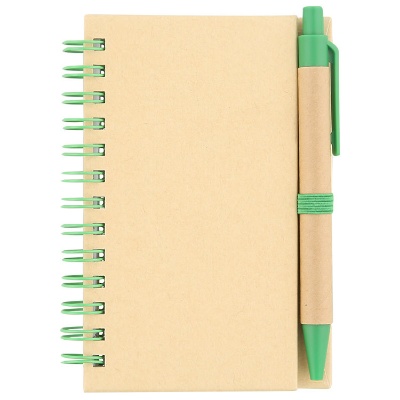 Green cardboard junior notebook with pen.