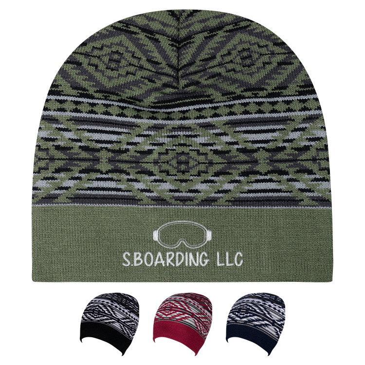 Diamond patterned beanie in green, blue and white with company name embroidered on solid green border.