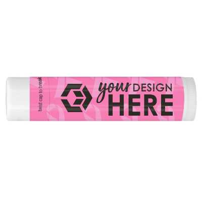 Pink customizable cancer lip balm with a black ribbon.
