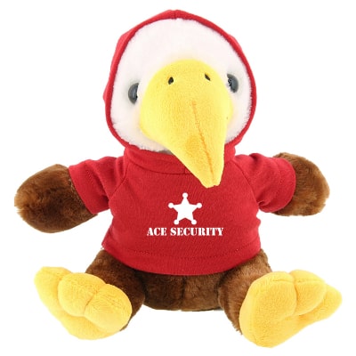 Plush and cotton eagle with red hoodie with custom logo.