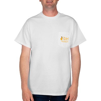 Personalized white unisex pocket adult tee with full color logo.