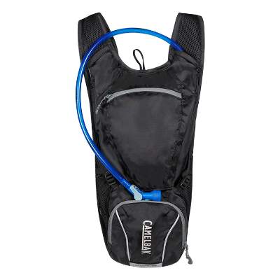 Black nylon and recycled polyester hydration backpack.