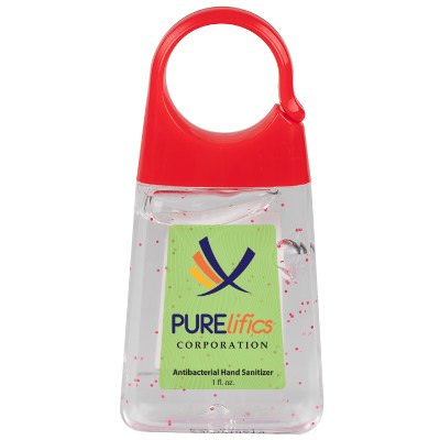 Plastic 1.35 ounce orange bottled hand sanitizer with clip imprinted with full color logo.