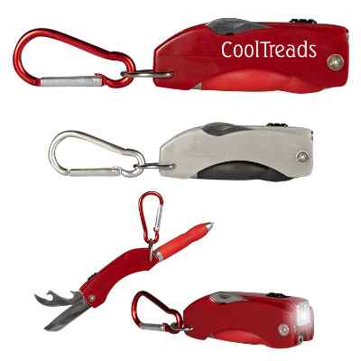 Red metal tool key chain with a customizable logo.