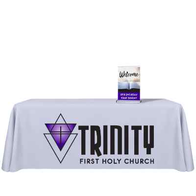 Custom polyester table cover with 13 inch custom table top banner stand trade show package.