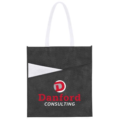 Polypropylene red slasher tote with personalized full color imprint.