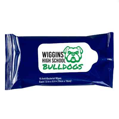 Blue wet wipes personalized with a full color logo.