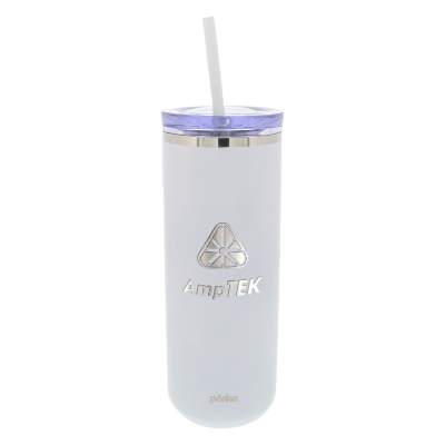 White tumbler with lid and straw and custom engraved logo.