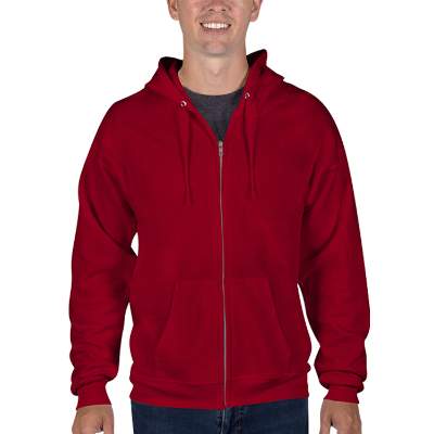 Blank deep red full-zip hooded sweatshirt.