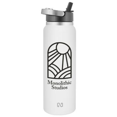 Stainless steel white sports bottle with custom imprint in 40 oz.