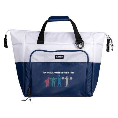 White and blue tote cooler with embroidered logo.