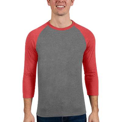 Blank grey with red triblend 3/4 sleeve t-shirt.