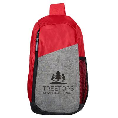 Red slingpack with custom logo.