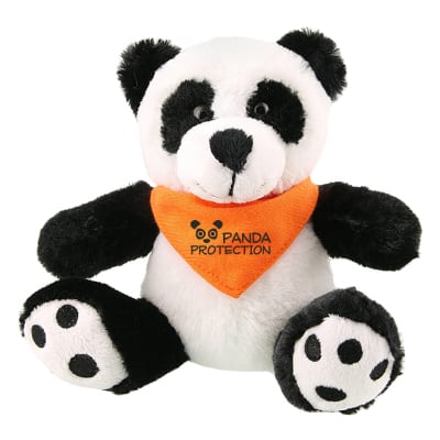 Plush and cotton panda with orange bandana with custom imprint.