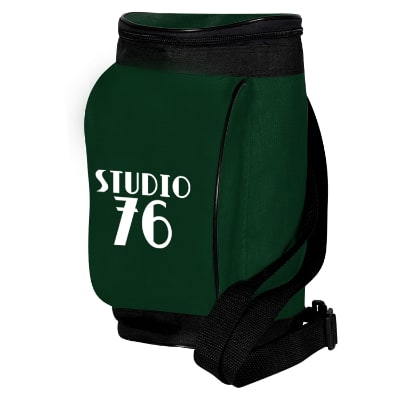 Hunter green polycanvas golf bag can cooler with custom imprint.