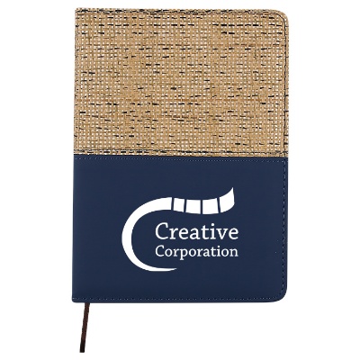 Navy Baley straw covered journal with custom logo.