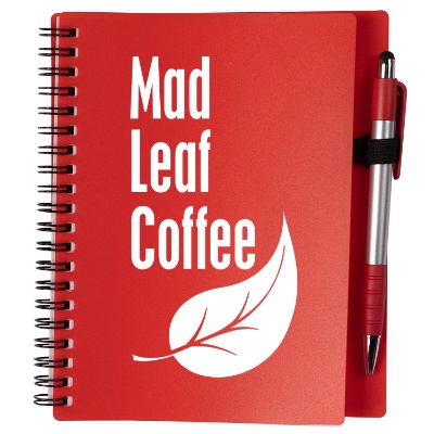 Red plastic notebook with stylus pen and logo.