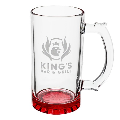 Red beer stein with engraved logo.