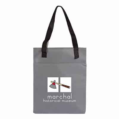 Non-woven polypropylene gray pamphlet tote with customized full color logo.