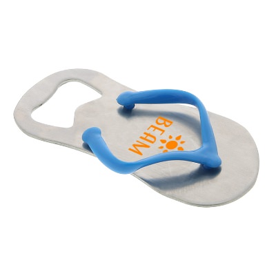 Blue rubber and stainless steel sandal bottle opener with magnet with promotional logo.