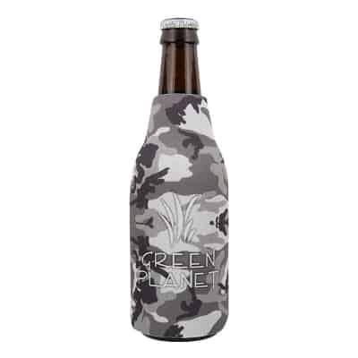 Foam gray camo bottle sleeve can cooler with imprint.