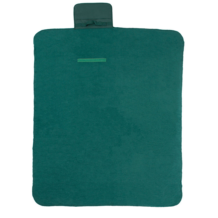 Blank front closing flap fleece blanket with a handle.