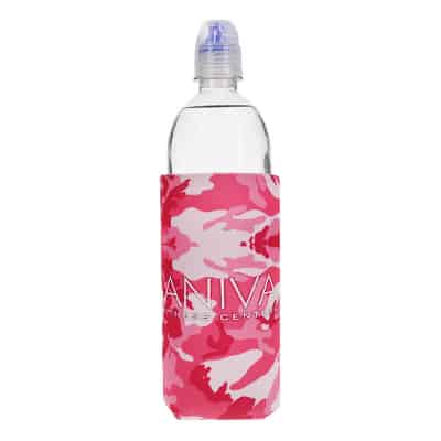 Foam pink camo water bottle can cooler with custom print.