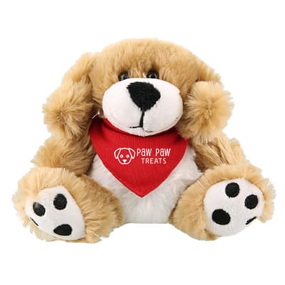 Plush and cotton dog with red bandana with personalized imprint.