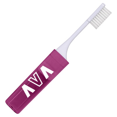 Purple plastic toothbrush with a custom imprint.
