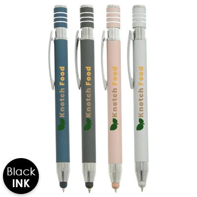 Colored soft touch pen with chrome accents.