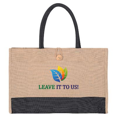 Natural jute navy color block tote with promotional full color logo.