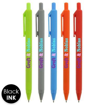 Personalized colored pen with soft touch finish.