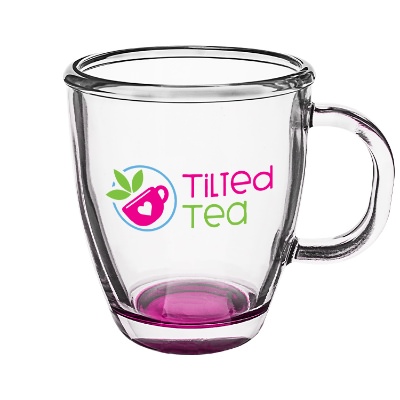 Pink coffee mug with full color logo.