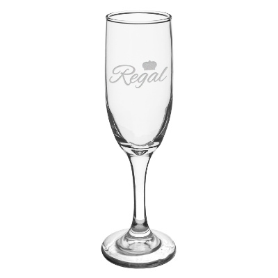 Clear flute with engraved logo.