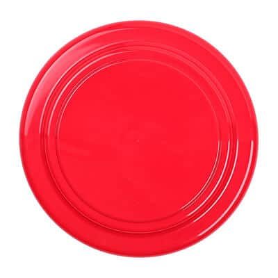 Plastic red pet friendly flying disc blank.