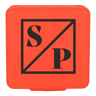 Plastic orange pill box with a branded imprint.